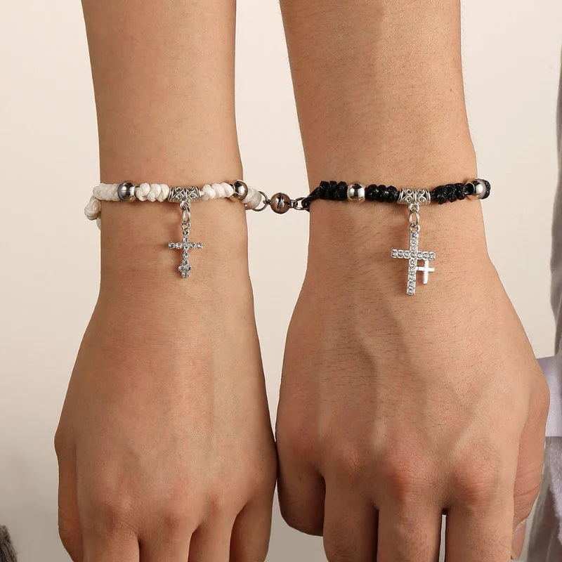 Black and White Couple Bracelets Chain Link Cross