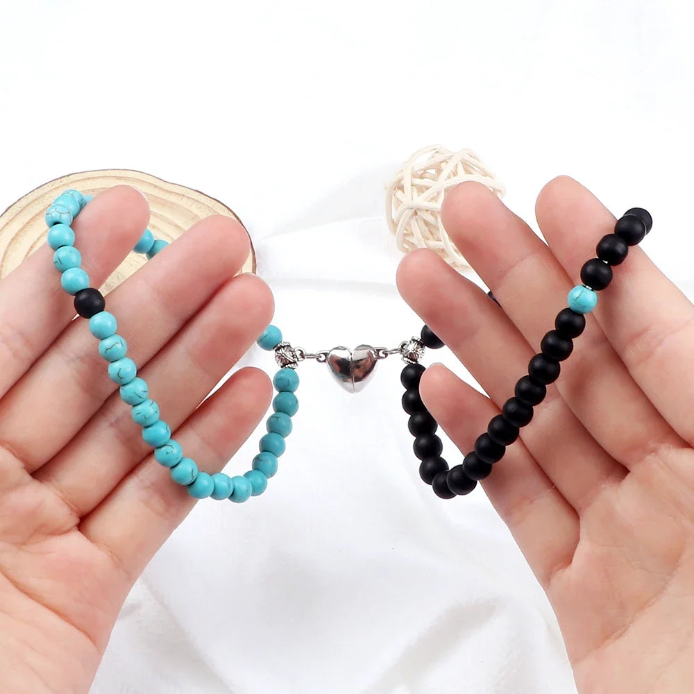 Couples' Magnetic Link Bracelets with sky blue and black beads
