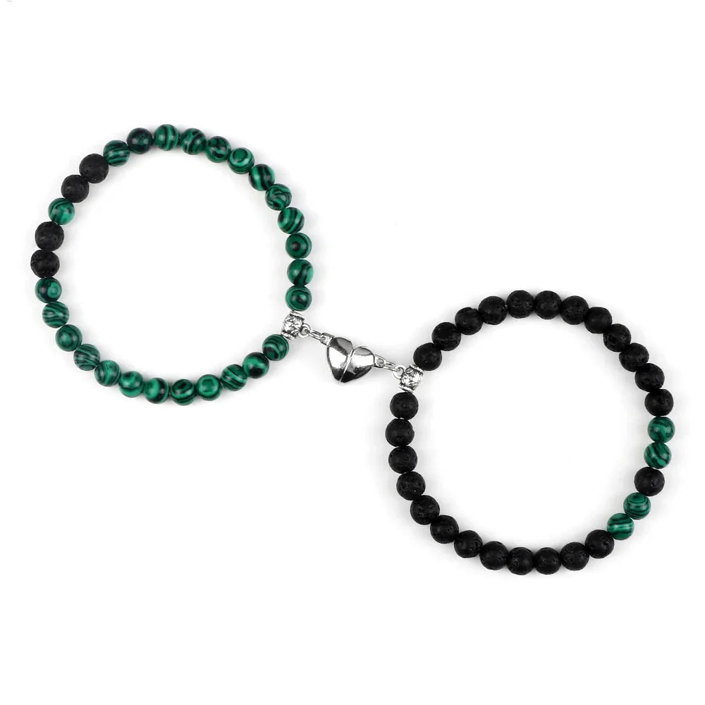 Couples' Magnetic Link Bracelets with green and black beads