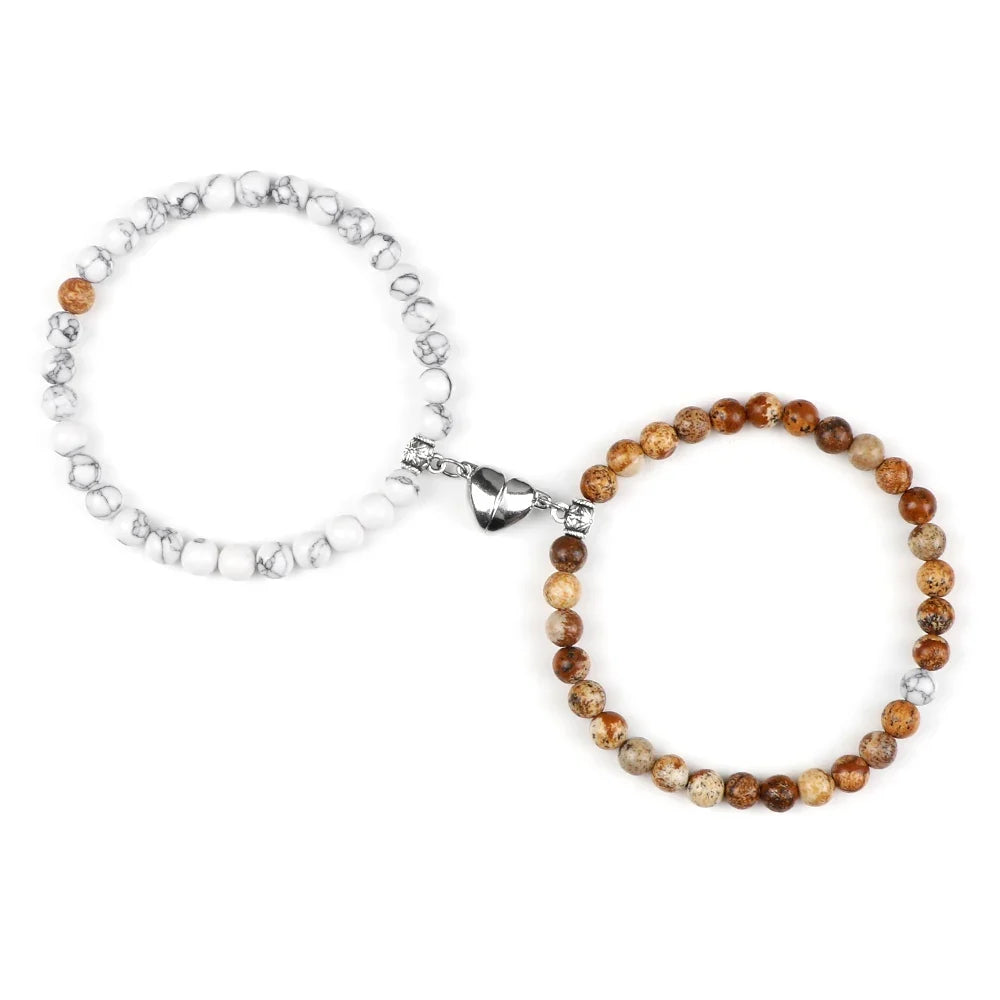 Couples' Magnetic Link Bracelets with white and brown beads