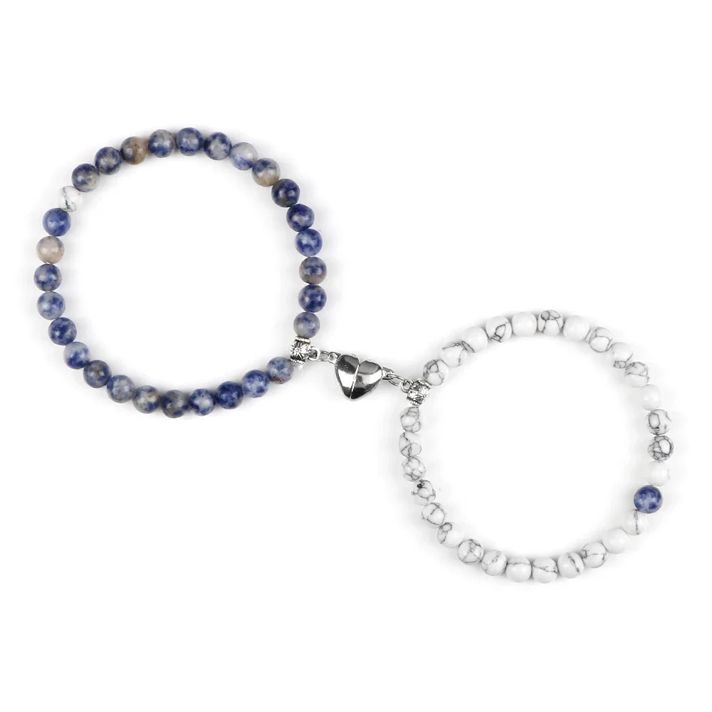 Couples' Magnetic Link Bracelets with blue-gray and white beads