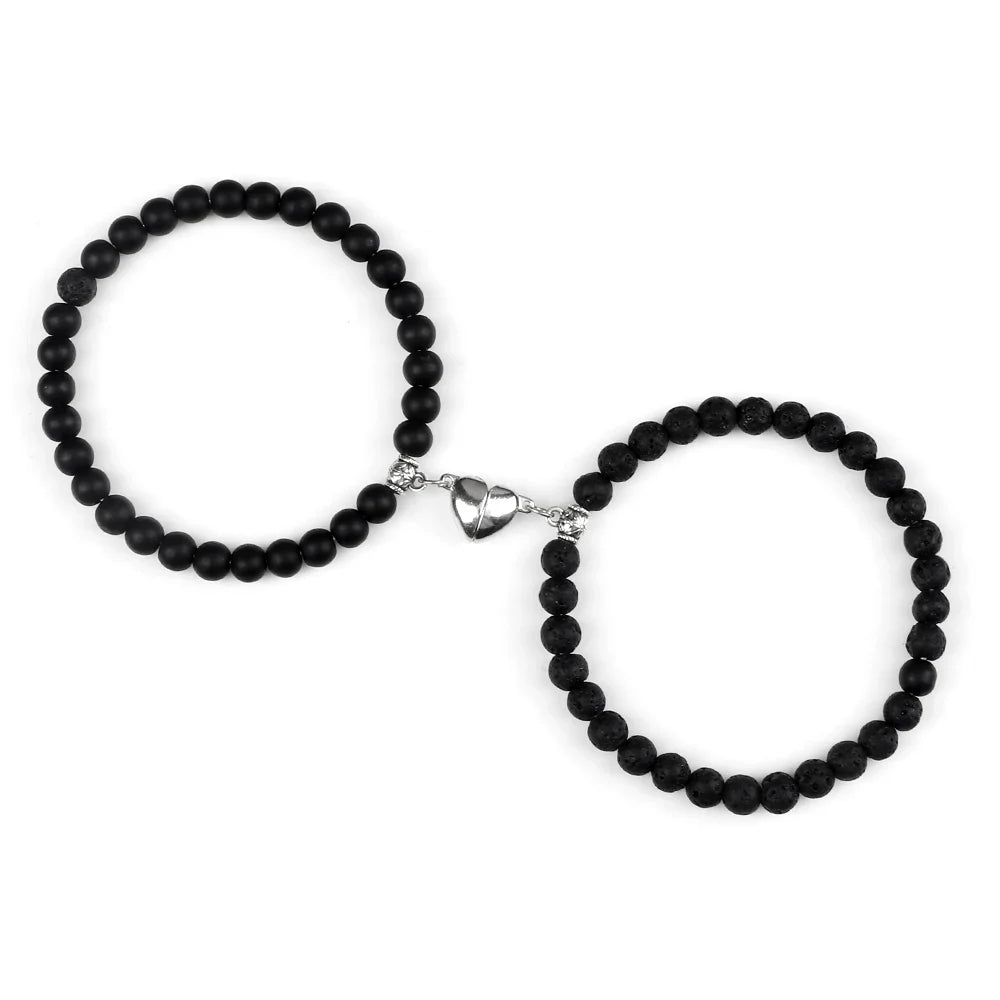 Couples' Magnetic Link Bracelets with black beads