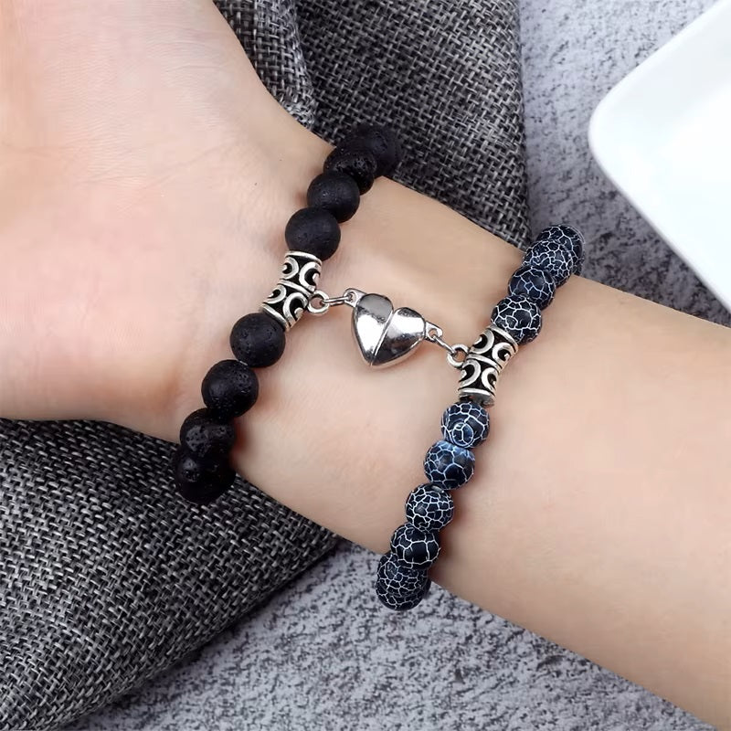 Couples' Magnetic Link Bracelets with black and gray beads
