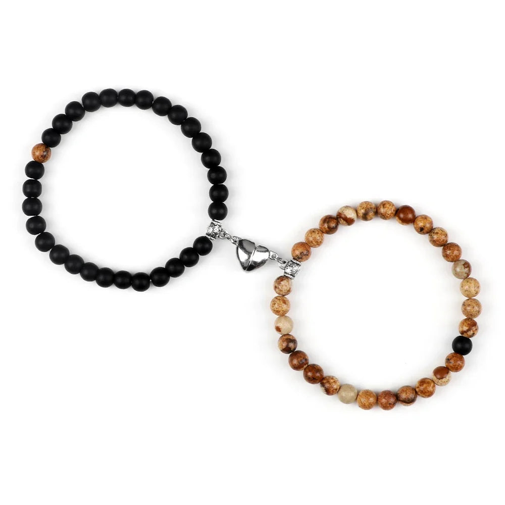 Couples' Magnetic Link Bracelets with black and brown beads