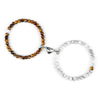 Couples' Magnetic Link Bracelets with tiger eye and white beads