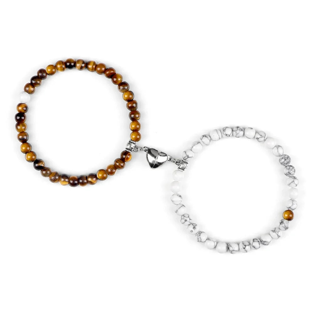 Couples' Magnetic Link Bracelets with tiger eye and white beads
