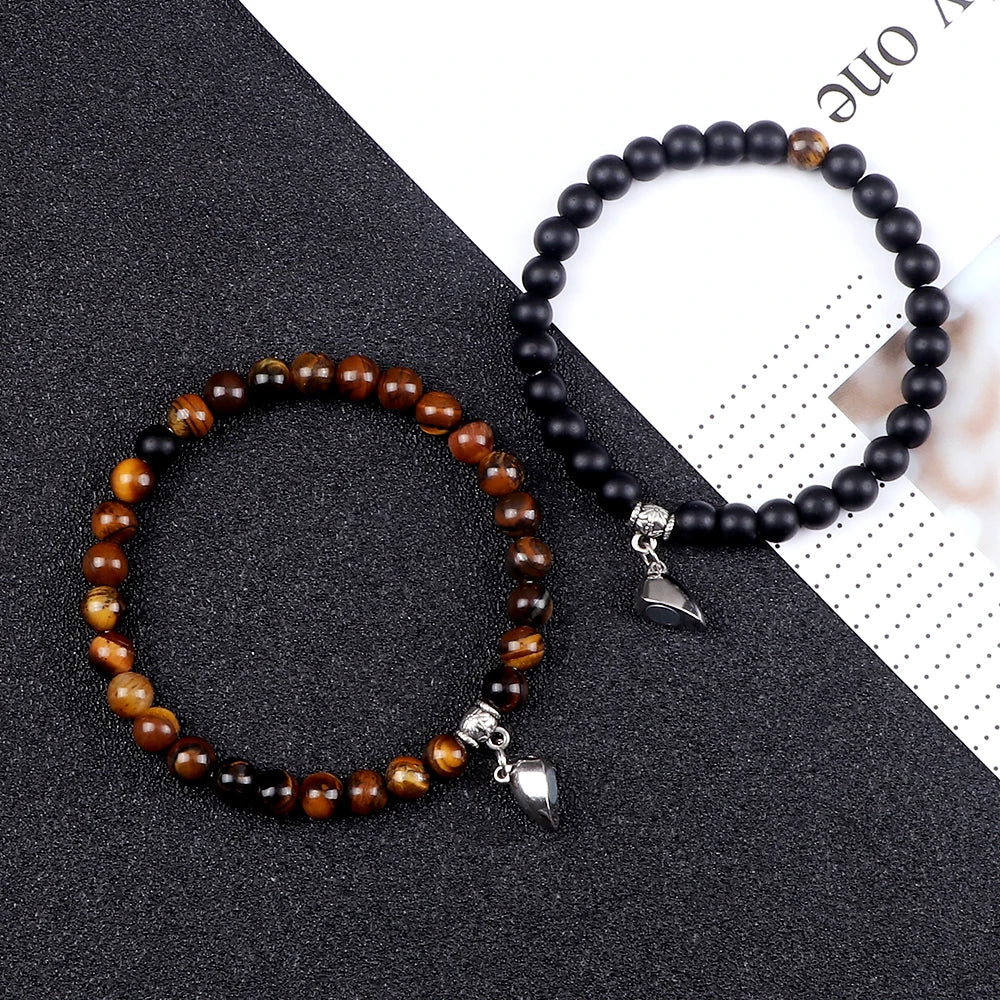 Couples' Magnetic Link Bracelets with tiger eye and black beads