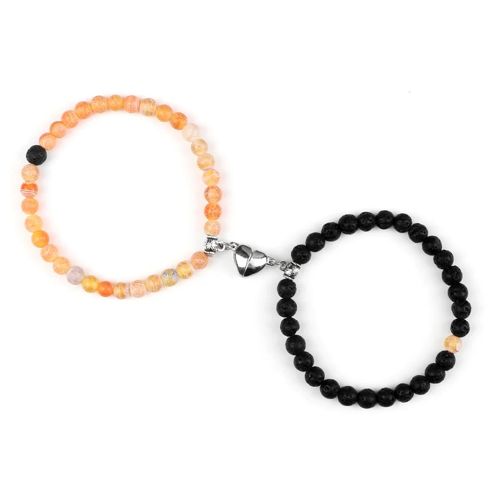 Couples' Magnetic Link Bracelets with sunstone and black beads