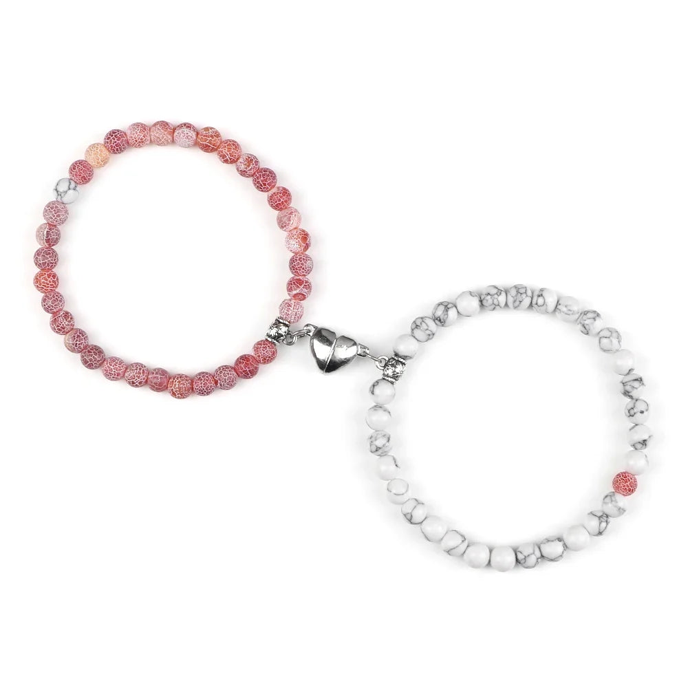 Couples' Magnetic Link Bracelets with pink and white beads