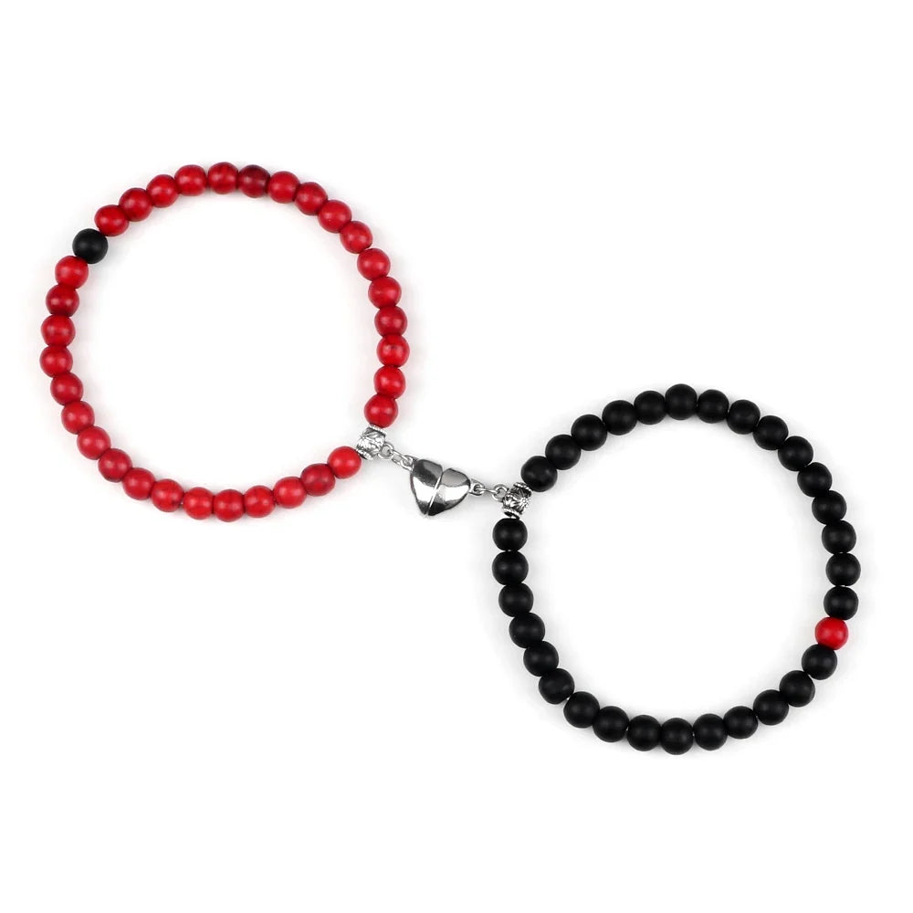 Couples' Magnetic Link Bracelets with red and black beads