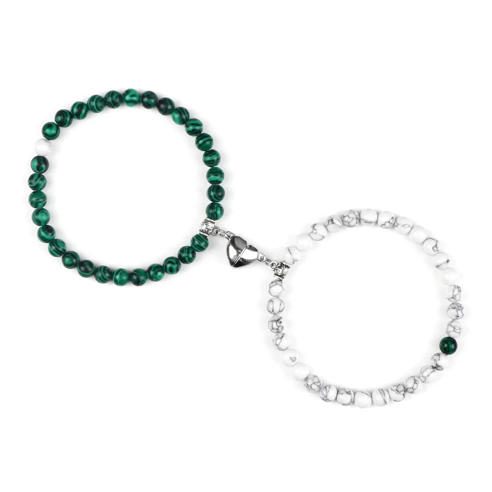 Couples' Magnetic Link Bracelets with green and white beads