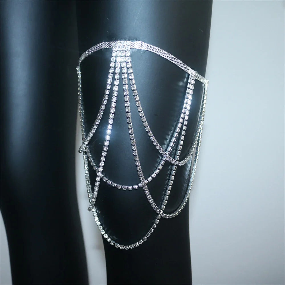 Rhinestone thigh chain - women’s leg jewelry in silver