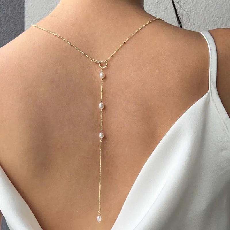 Back chain for women - Back necklace with white beads