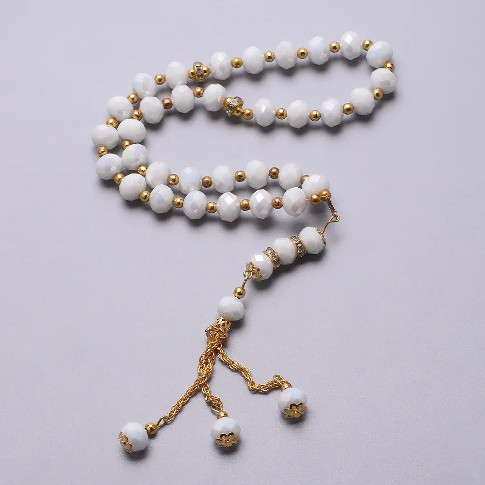 Elegant Muslim prayer beads - Islamic tasbih with 33 white and gold beads