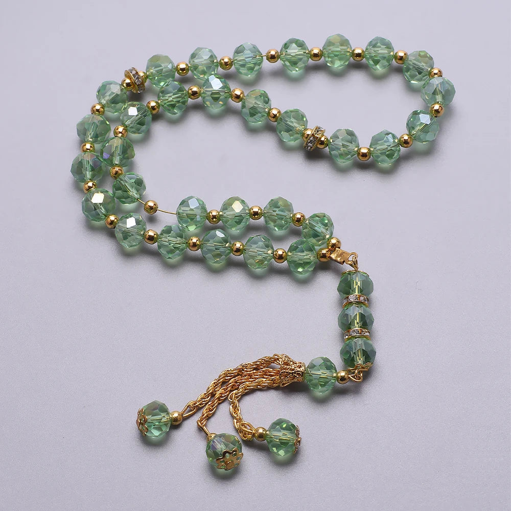 Elegant Muslim prayer beads - Islamic tasbih with 33 jade green and gold beads