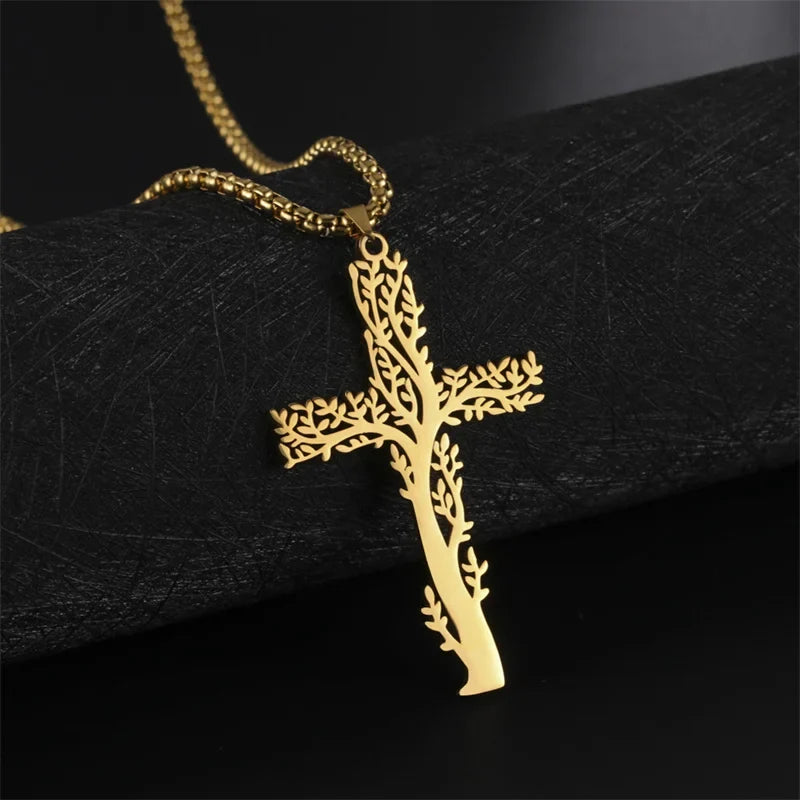 Tree of Life Necklace with Cross Pendant in Gold