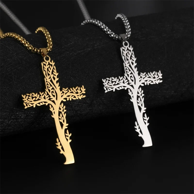 Tree of Life Necklace with Cross Pendant in Gold and Silver