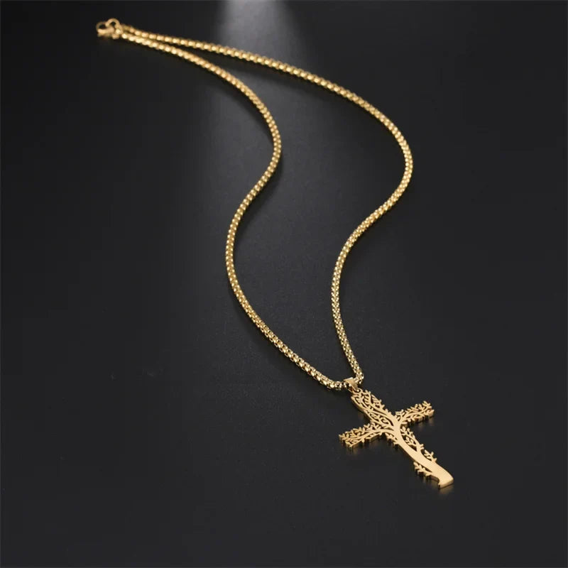 Tree of Life Necklace with Cross Pendant in Gold
