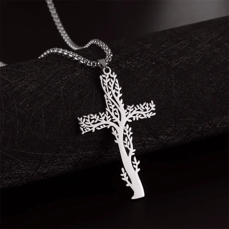 Tree of Life Necklace with Cross Pendant in Silver