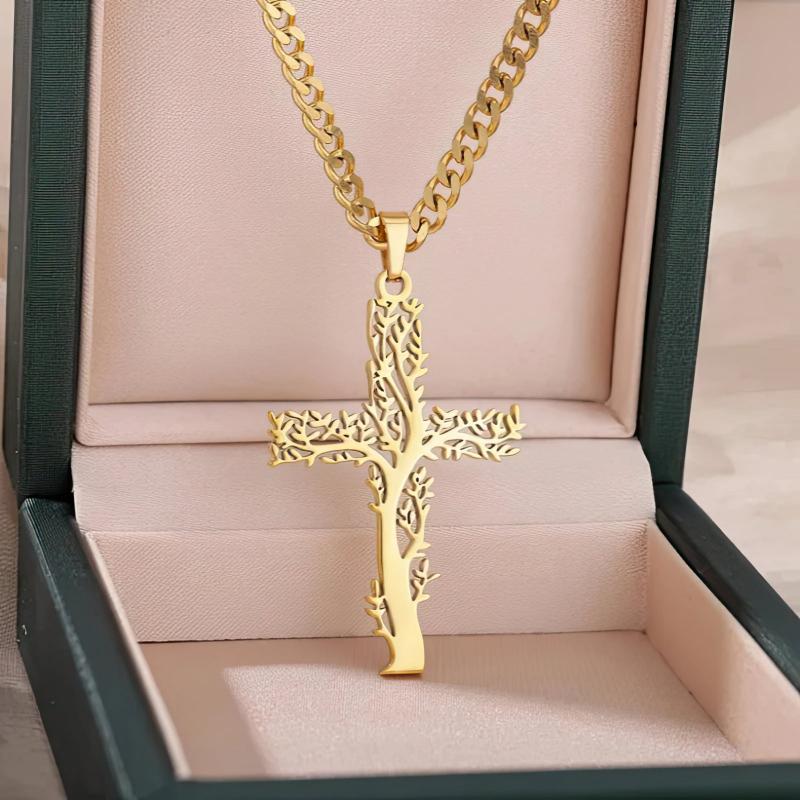 Tree of Life Necklace with Cross Pendant for Women in Gold