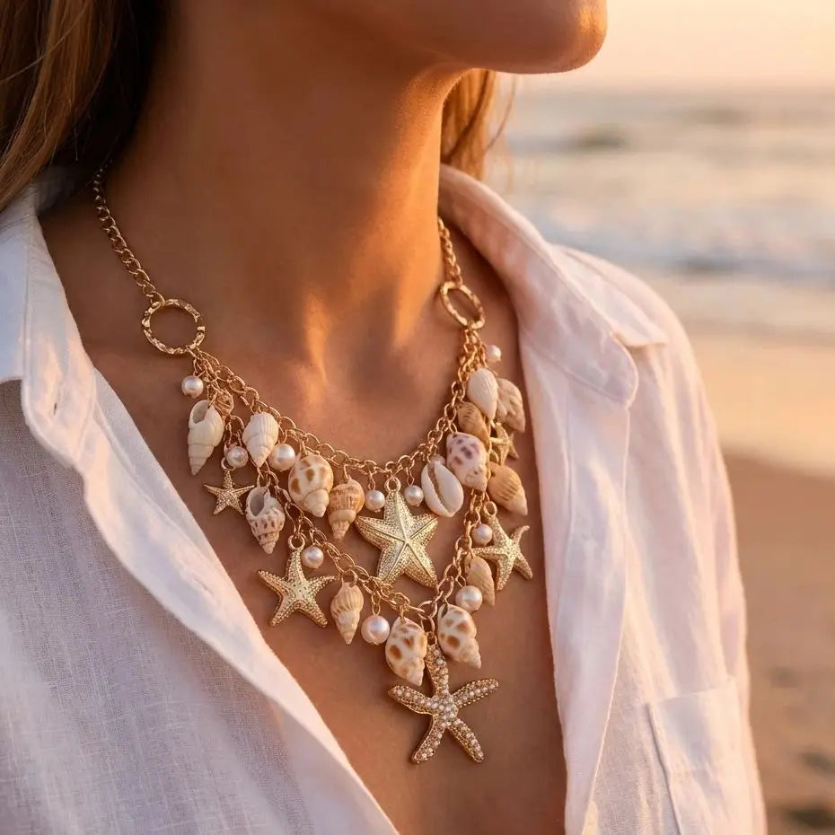 Necklace with large shell and starfish pendant