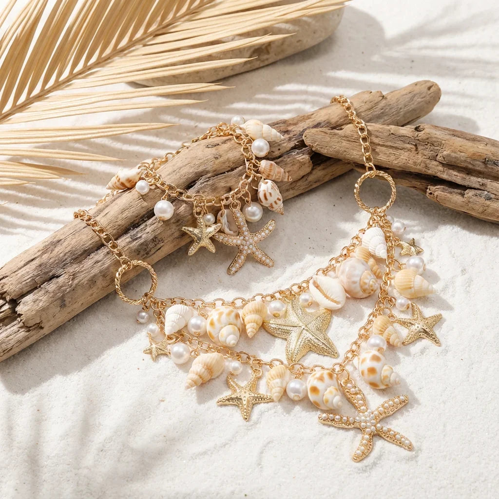 Necklace with large shell and starfish pendant