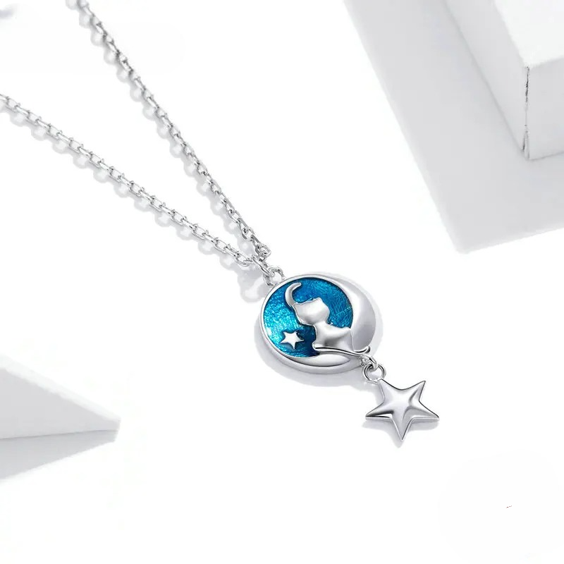 Necklace with Pendant featuring Moon and Cat Motif