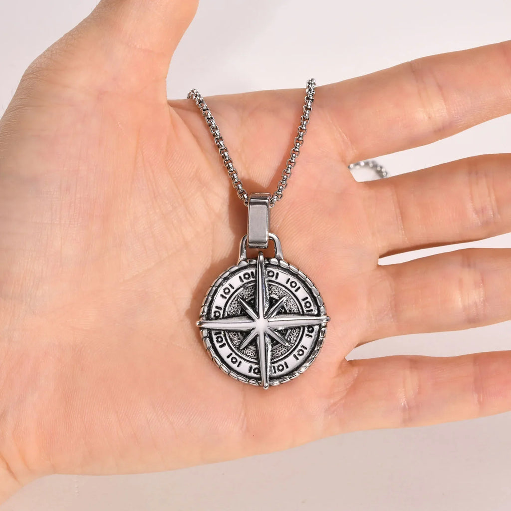 Compass Rose Pendant Necklace for Men in Silver