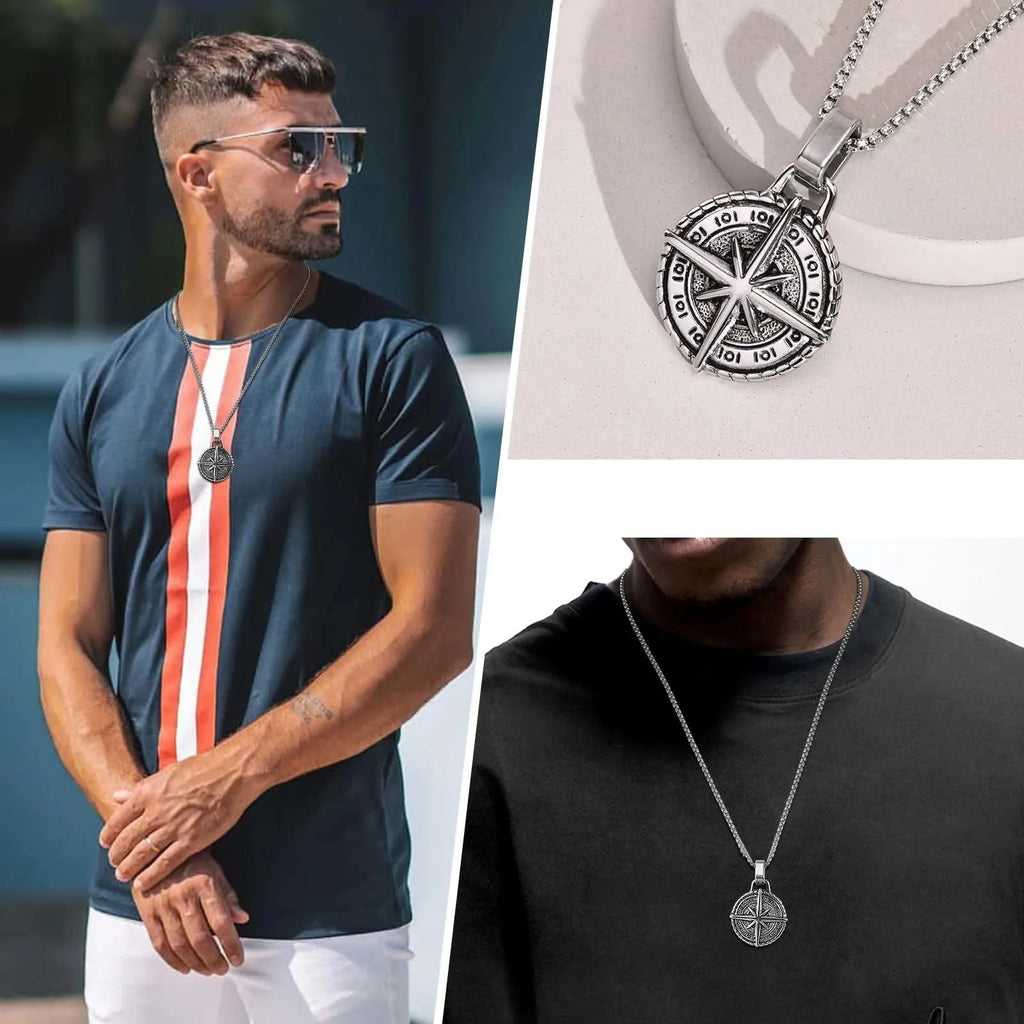 Compass Rose Pendant Necklace for Men in Silver
