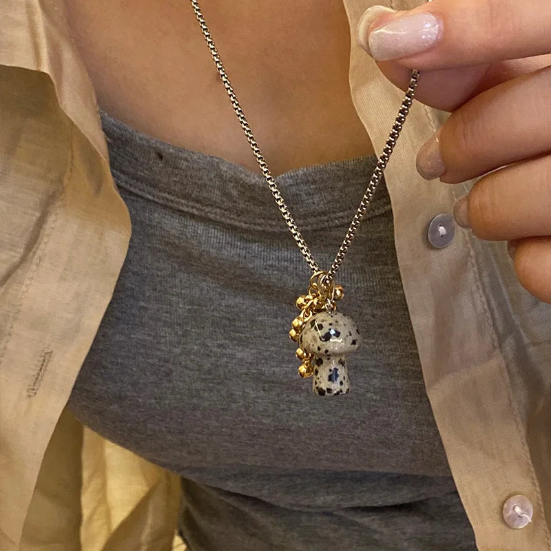 Necklace with Autumn Mushroom Pendant tiger's eye