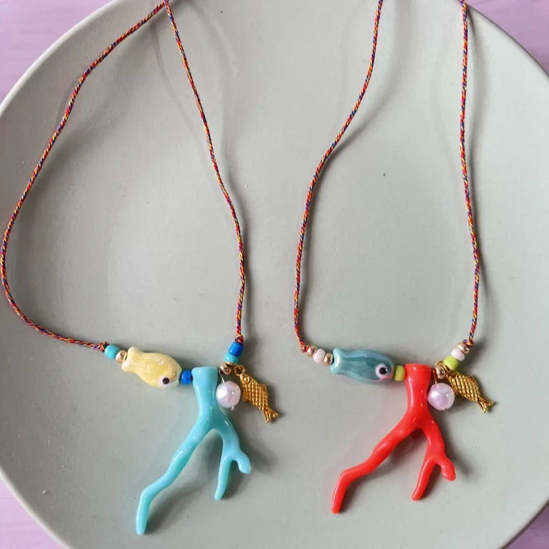 Necklace with Coral Pendant and Red Fish