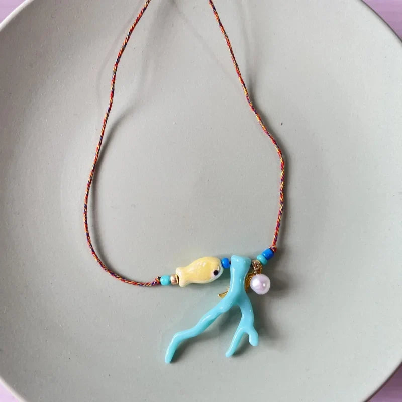 Necklace with Coral Pendant and Blue Fish