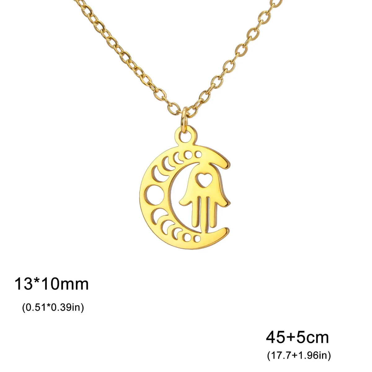 Necklace with Arabic Islamic crescent moon and Hamsa pendant in gold