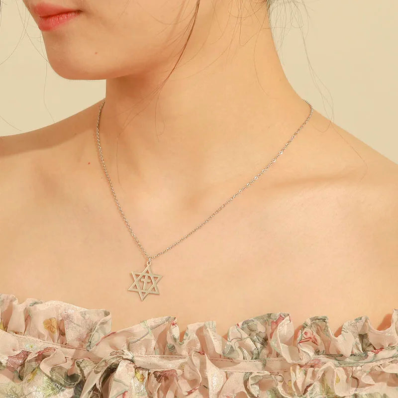 Necklace with cross pendant and the Star of David, orthodox Jewish symbols, silver