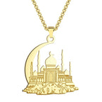 Necklace with a mosque pendant on an Arabic Islamic Muslim crescent moon, gold