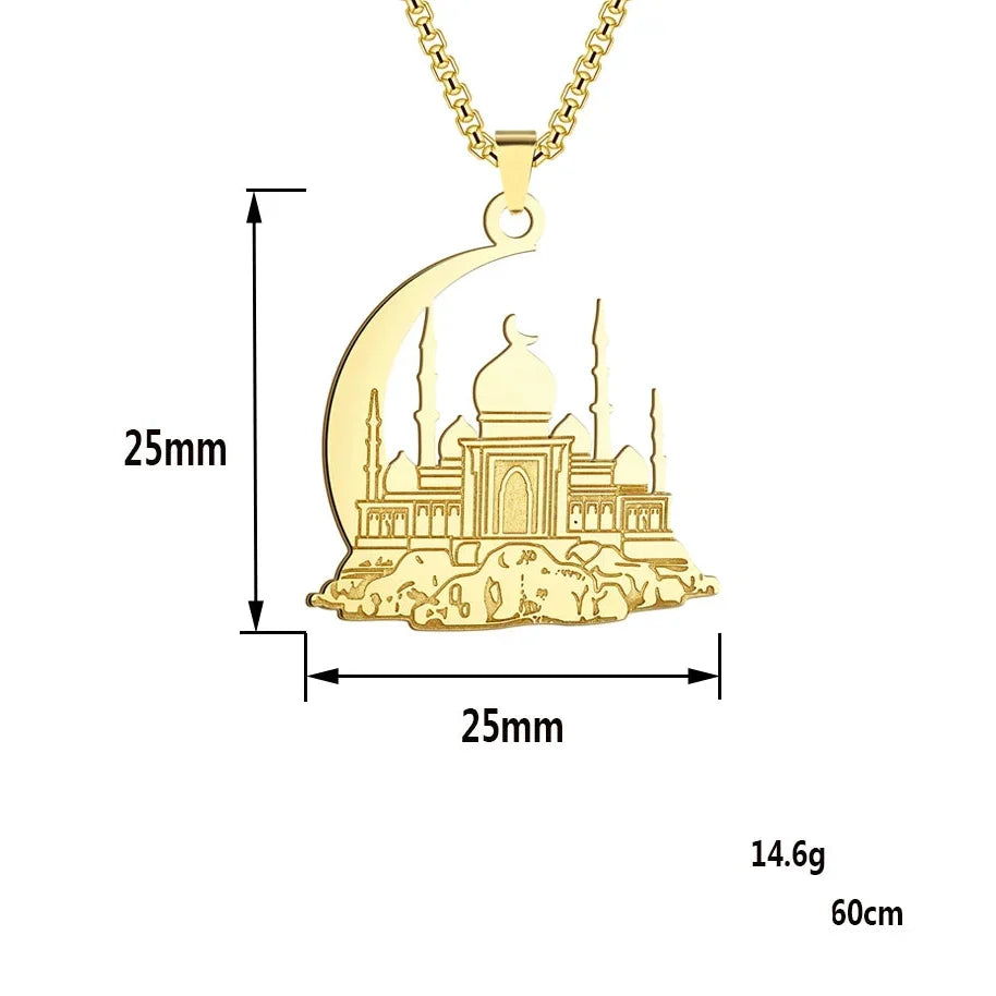Necklace with pendant of a mosque on an Arabic crescent moon