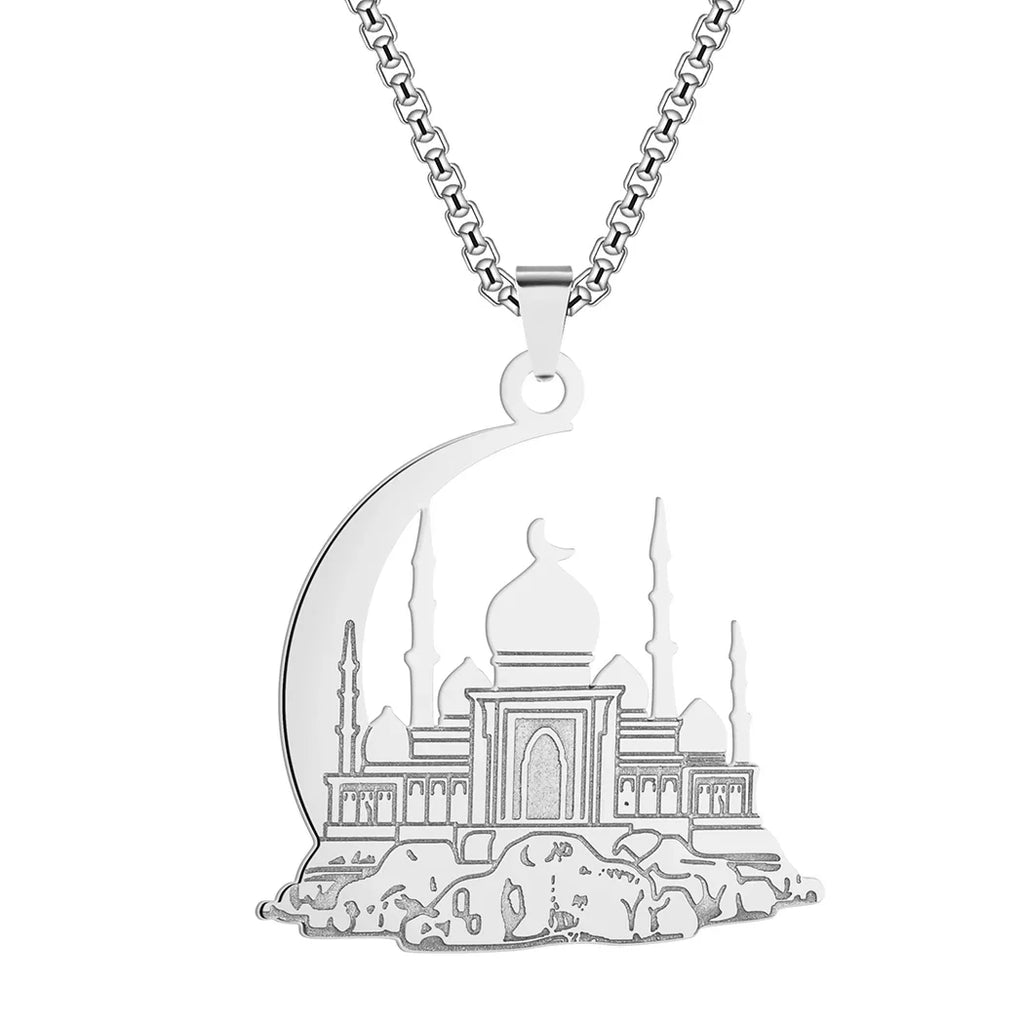 Necklace with a mosque pendant on an Arabic Islamic Muslim crescent moon, silver