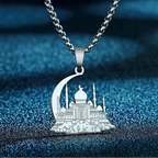Necklace with a mosque pendant on an Arabic Islamic Muslim crescent moon, silver