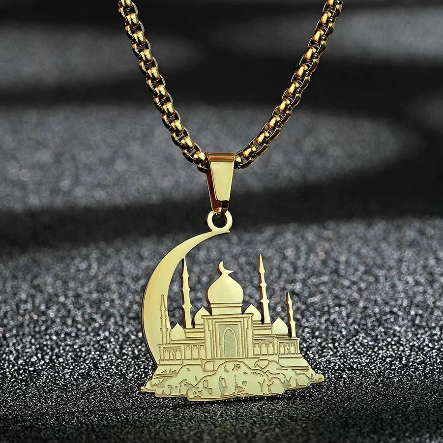 Necklace with a mosque pendant on an Arabic Islamic Muslim crescent moon, gold