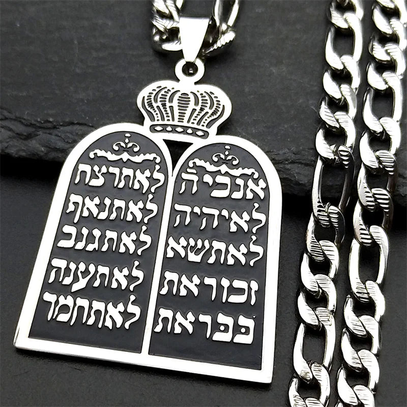 Necklace with Jewish prayer pendant, the 10 Commandments of the Torah, silver