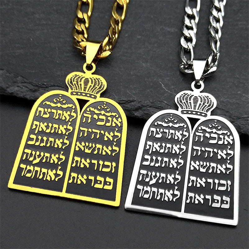 Necklace with Jewish prayer pendant, the 10 Commandments of the Torah, gold