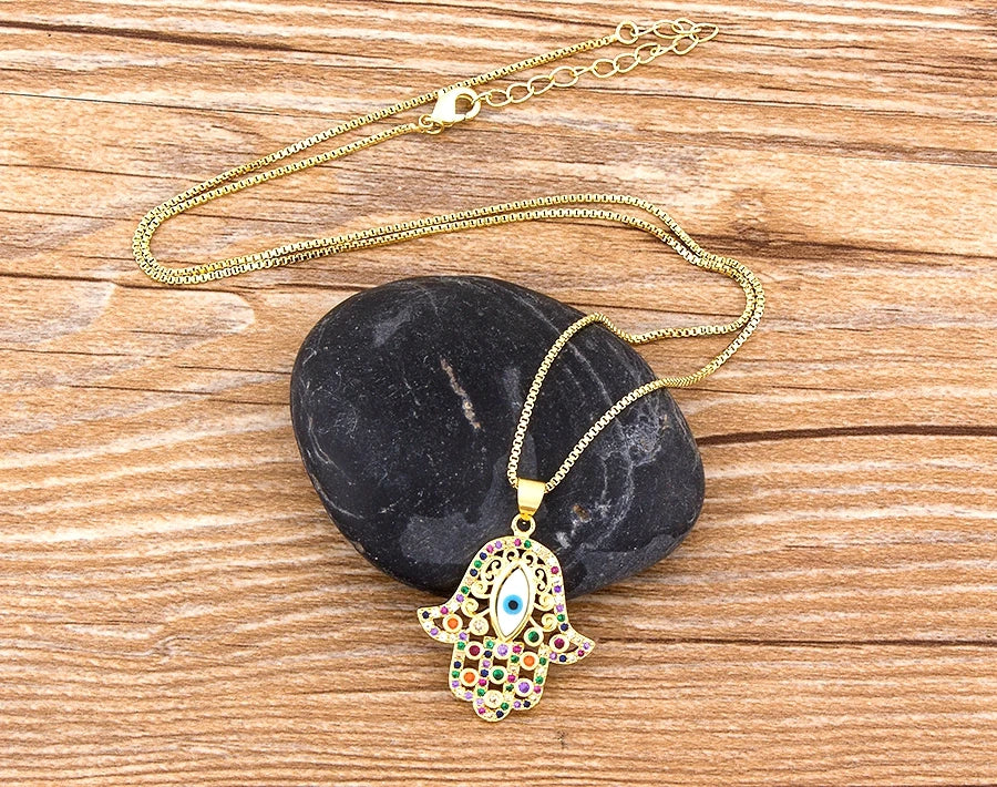Necklace with multicolored evil eye protection pendant and Fatma's hand