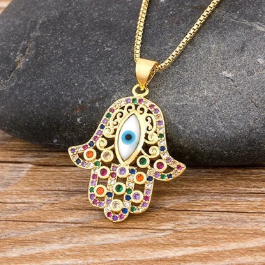 Necklace with multicolored evil eye protection pendant and Fatma's hand
