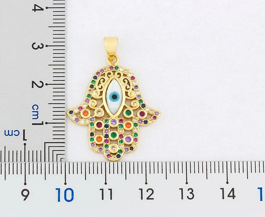 Necklace with multicolored evil eye protection pendant and Fatma's hand