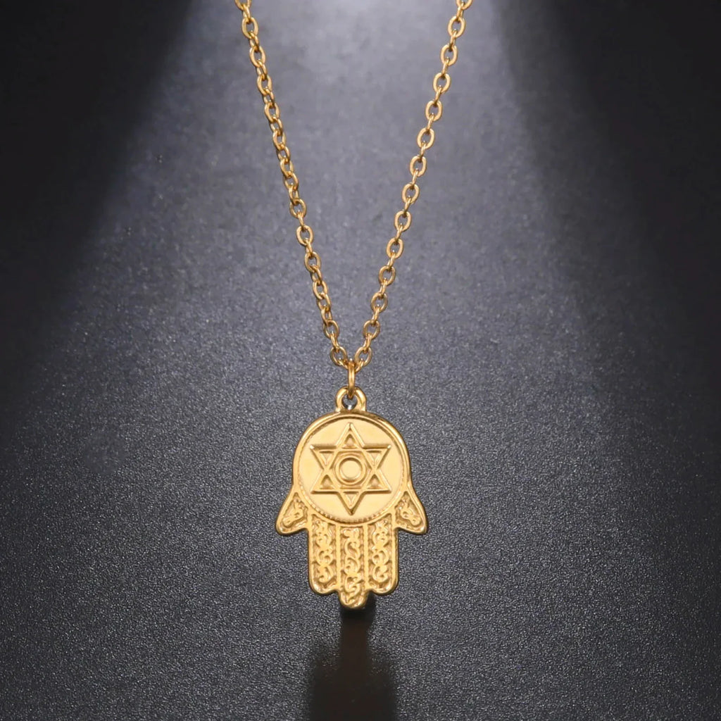 Necklace with protective Star of David and Hamsa pendant, Jewish, gold