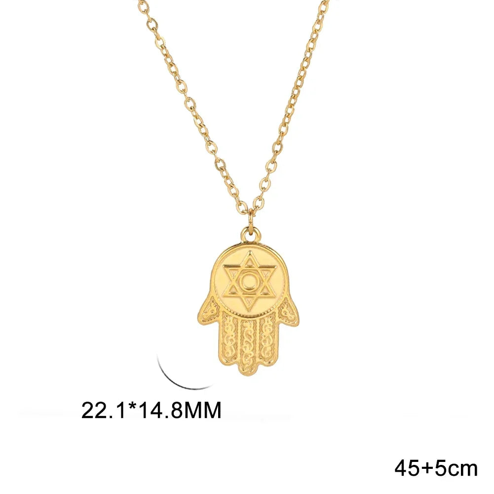 Necklace with protective Star of David and Hamsa pendant, Jewish, gold