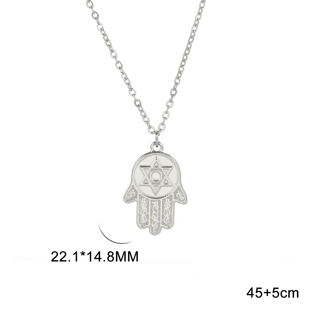Necklace with protective Star of David and Hamsa pendant, Jewish, silver