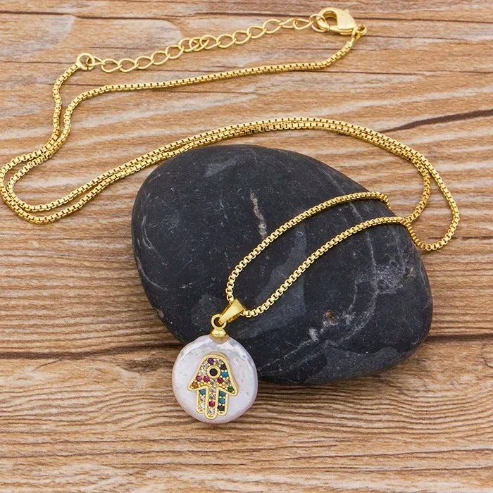 Necklace with a colorful Arabic Hand of Fatima protection pendant