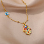 Necklace with multicolor Arabic evil eye and Hamsa protection pendant in gold