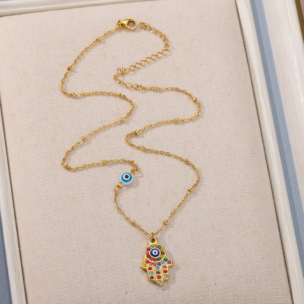 Necklace with multicolor Arabic evil eye and Hamsa protection pendant